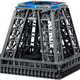 A close-up of the mid-section of the Lego Eiffel Tower, revealing the complex part assembly recreating the tower's intricate metal work.